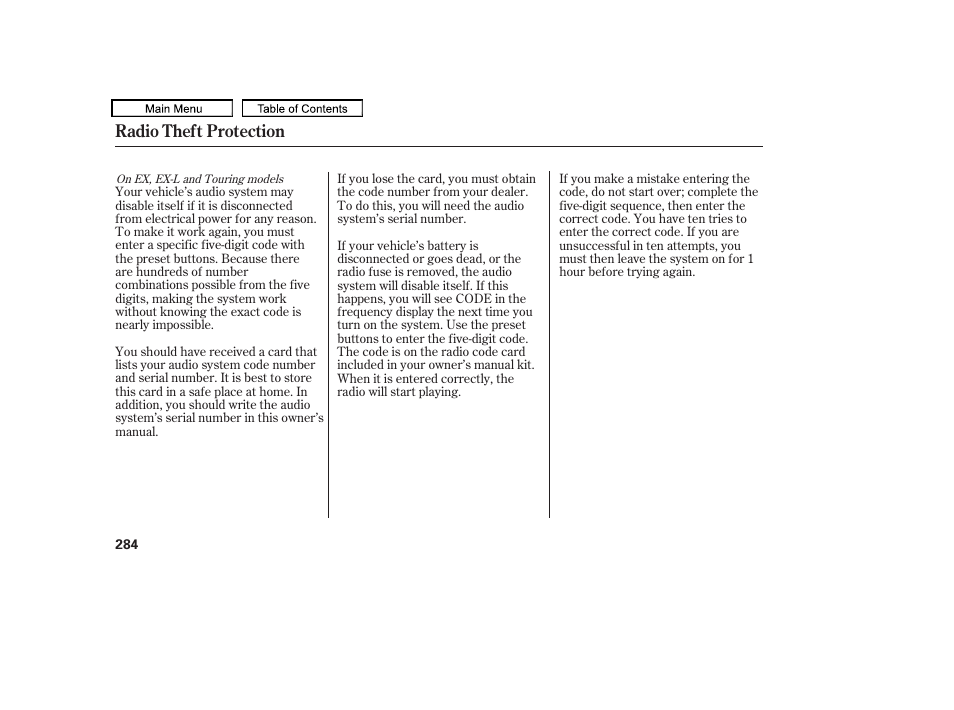 Radio theft protection | HONDA 2010 Odyssey User Manual | Page 287 / 526