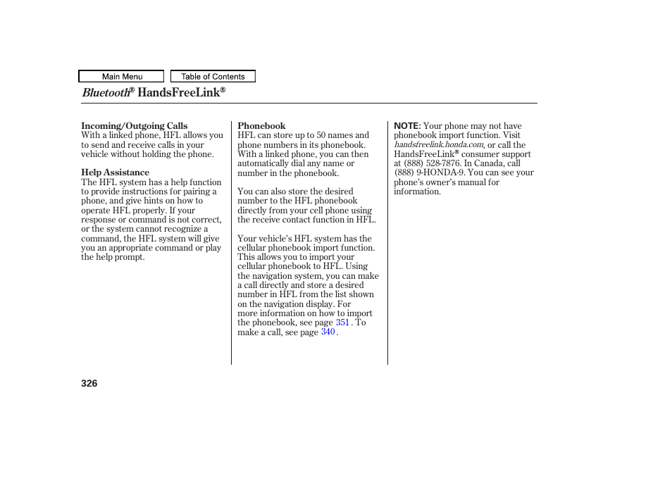 Handsfreelink, Bluetooth | HONDA 2010 Odyssey User Manual | Page 329 / 526