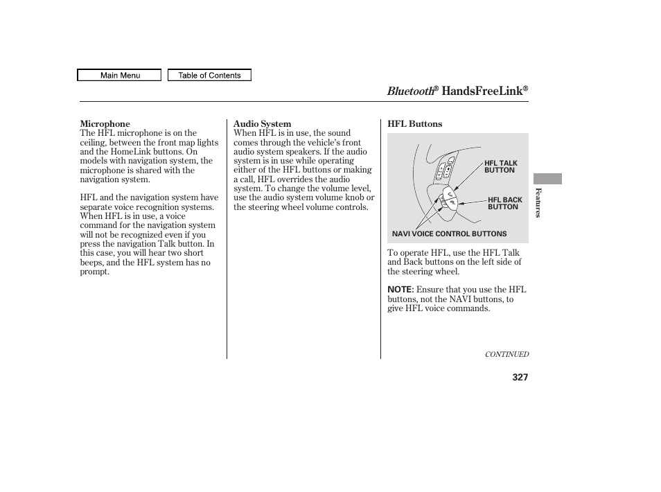 Handsfreelink, Bluetooth | HONDA 2010 Odyssey User Manual | Page 330 / 526
