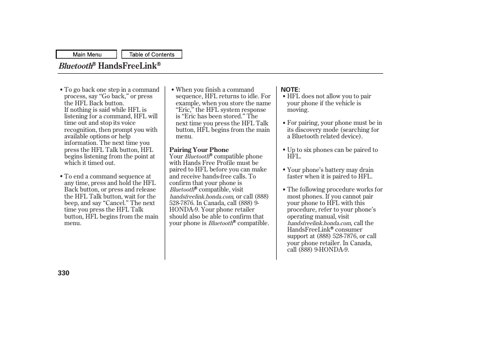 Handsfreelink, Bluetooth | HONDA 2010 Odyssey User Manual | Page 333 / 526