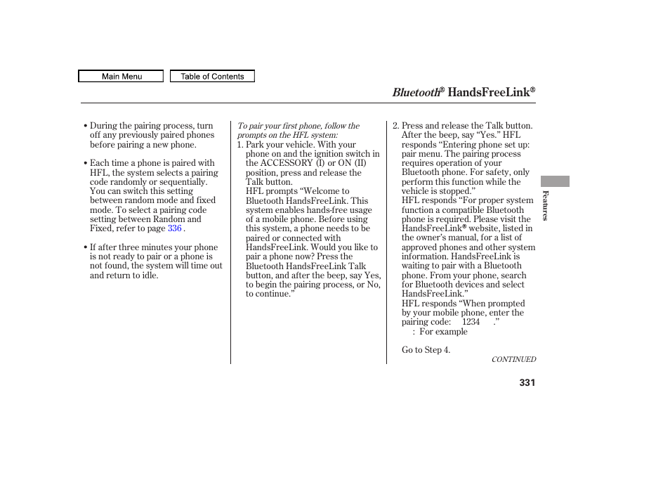 Handsfreelink, Bluetooth | HONDA 2010 Odyssey User Manual | Page 334 / 526