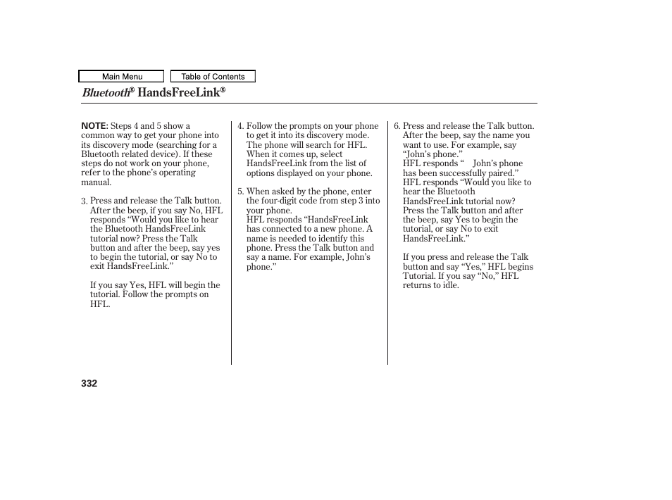 Handsfreelink | HONDA 2010 Odyssey User Manual | Page 335 / 526