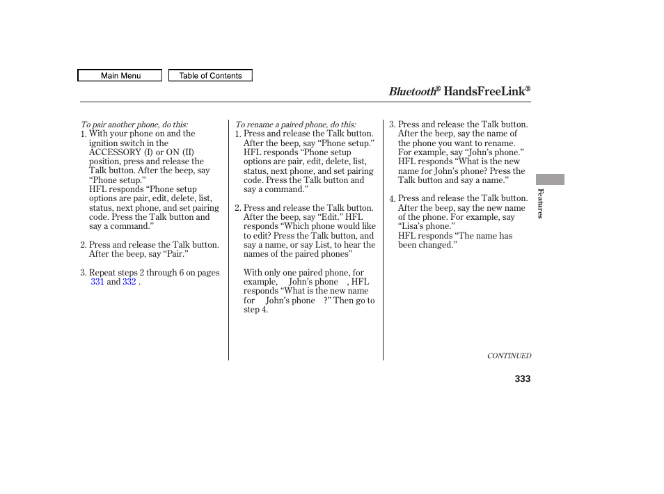 Handsfreelink, Bluetooth | HONDA 2010 Odyssey User Manual | Page 336 / 526