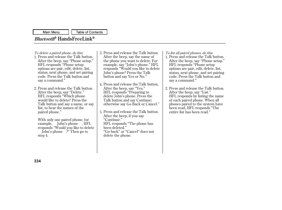 Handsfreelink, Bluetooth | HONDA 2010 Odyssey User Manual | Page 337 / 526