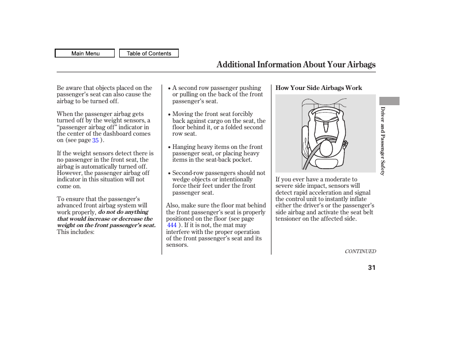 Additional information about your airbags | HONDA 2010 Odyssey User Manual | Page 34 / 526