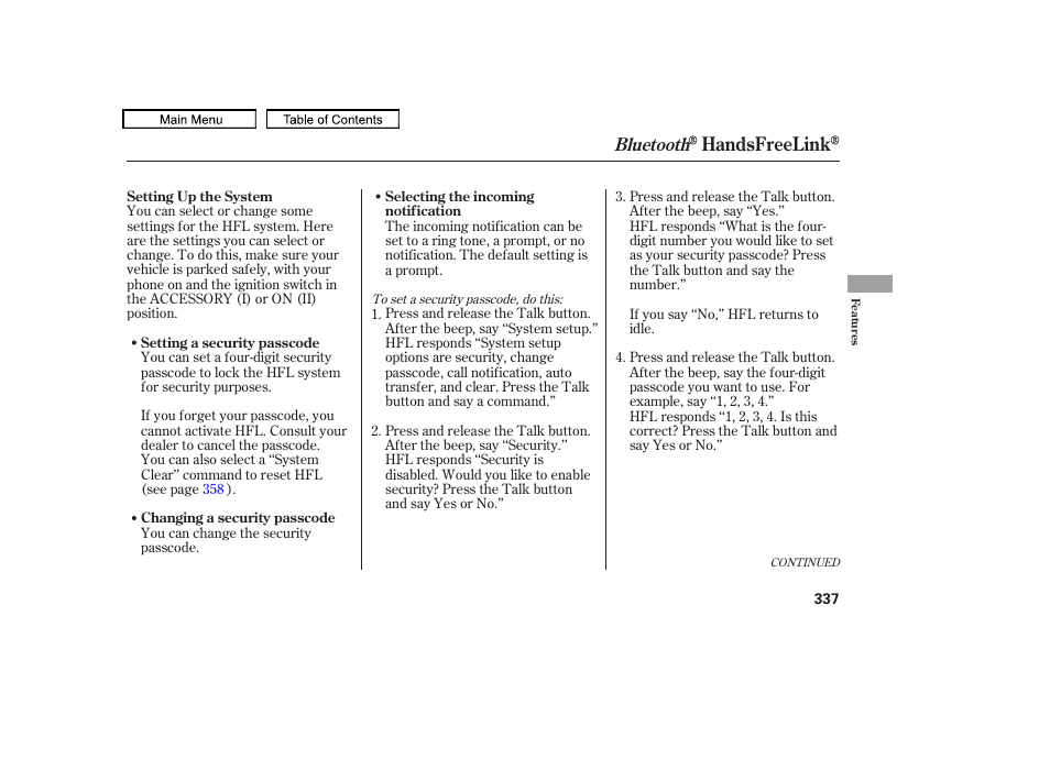 Handsfreelink, Bluetooth | HONDA 2010 Odyssey User Manual | Page 340 / 526