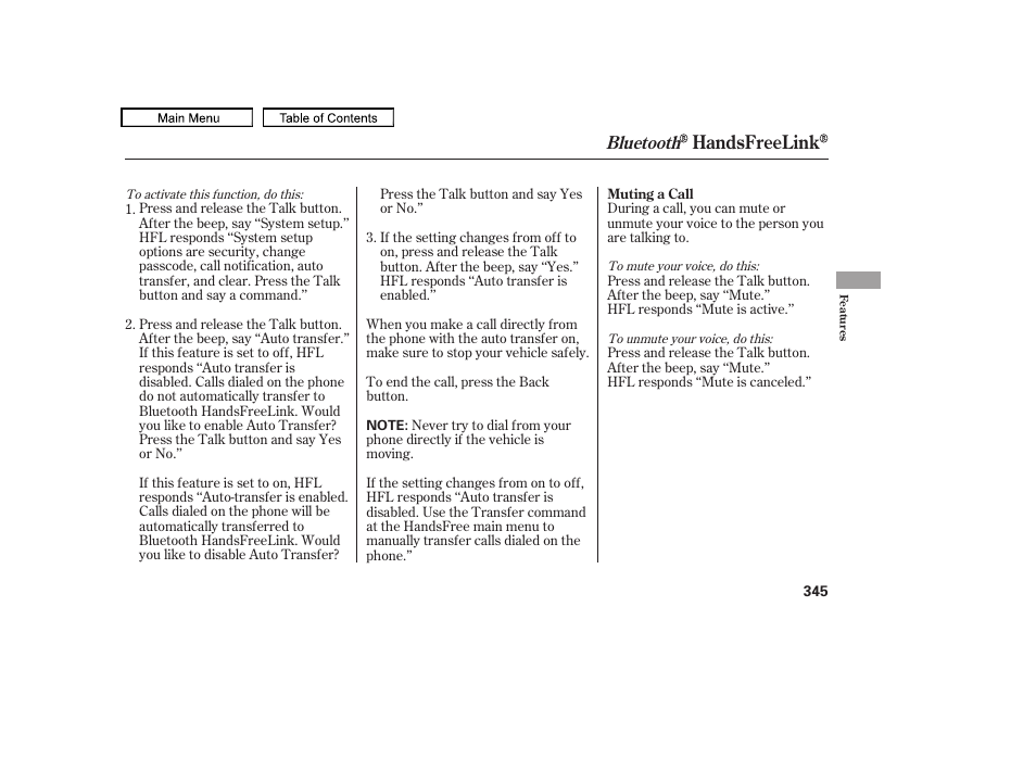 Handsfreelink, Bluetooth | HONDA 2010 Odyssey User Manual | Page 348 / 526