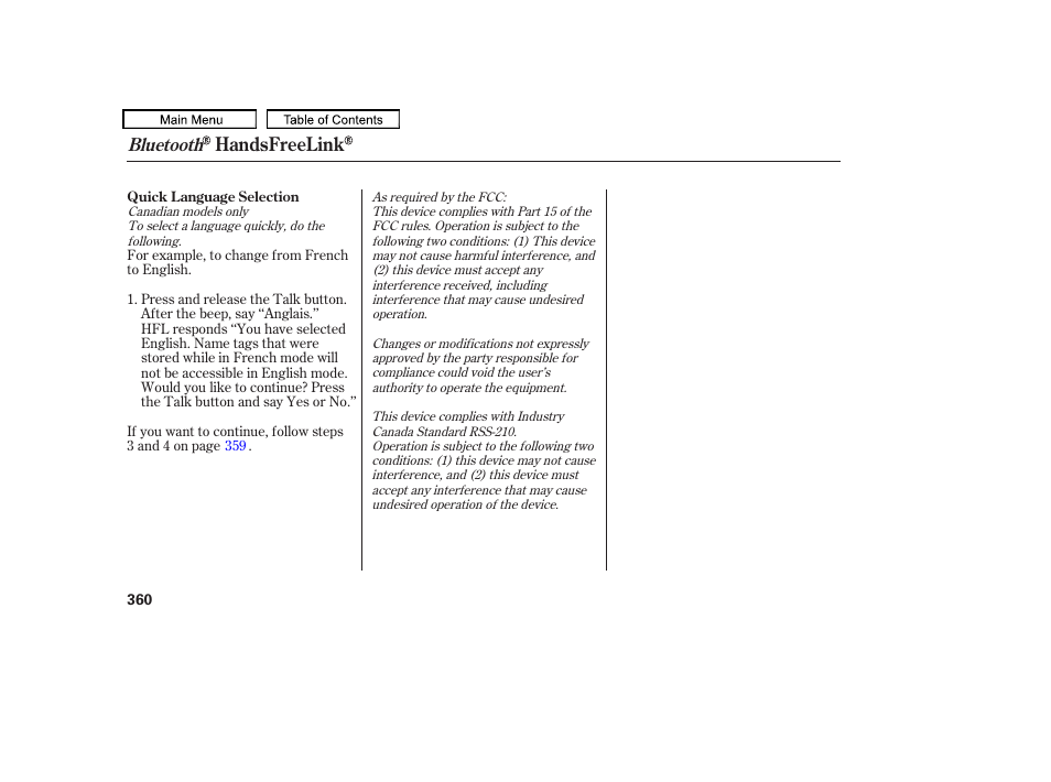 Handsfreelink | HONDA 2010 Odyssey User Manual | Page 363 / 526