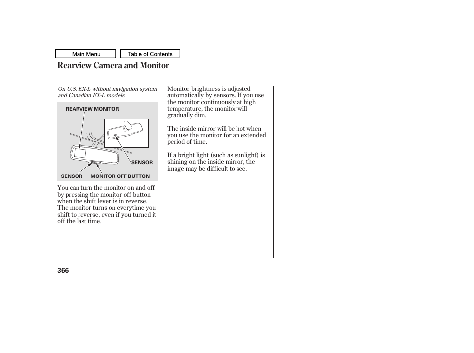 Rearview camera and monitor | HONDA 2010 Odyssey User Manual | Page 369 / 526