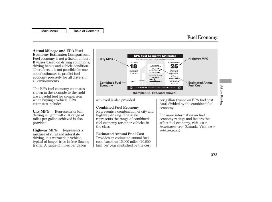 Fuel economy, 2010 odyssey | HONDA 2010 Odyssey User Manual | Page 376 / 526