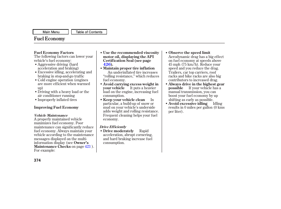 Fuel economy | HONDA 2010 Odyssey User Manual | Page 377 / 526