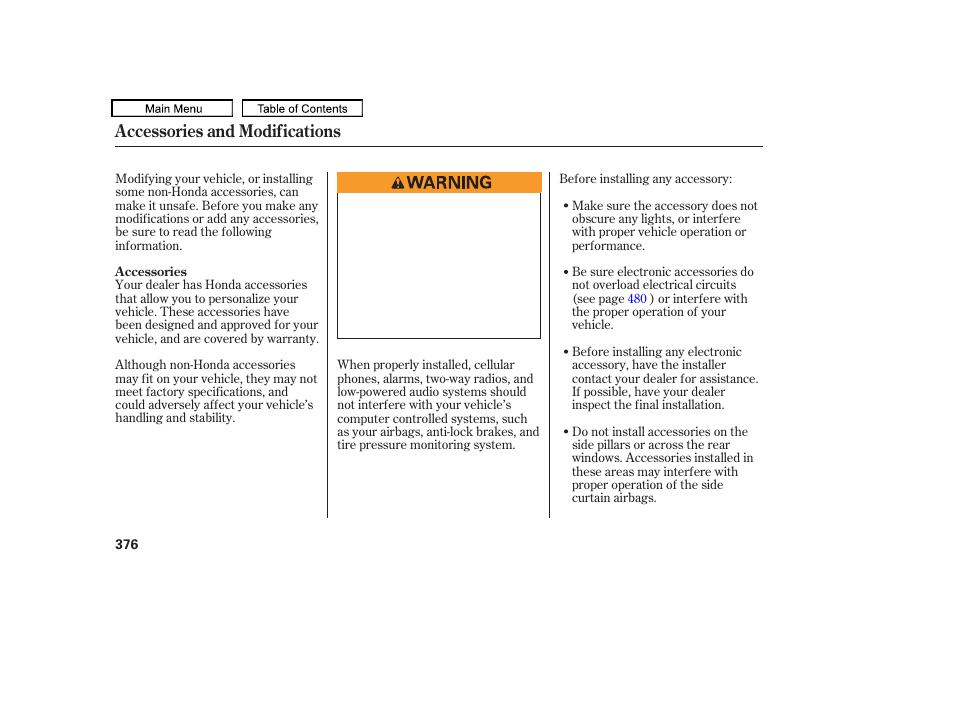 Accessories and modifications | HONDA 2010 Odyssey User Manual | Page 379 / 526