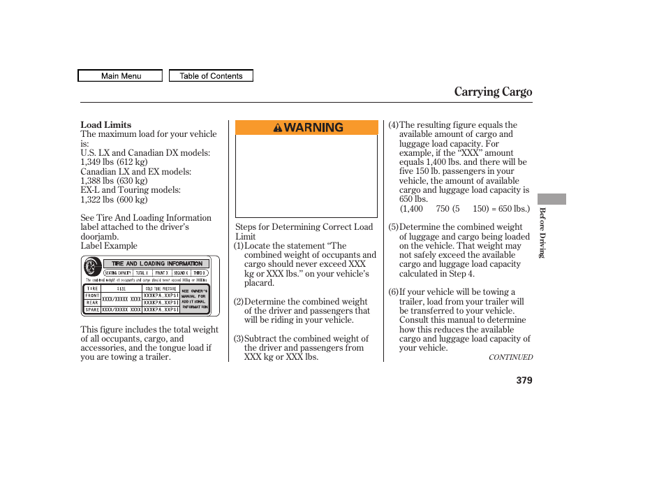 Carrying cargo | HONDA 2010 Odyssey User Manual | Page 382 / 526