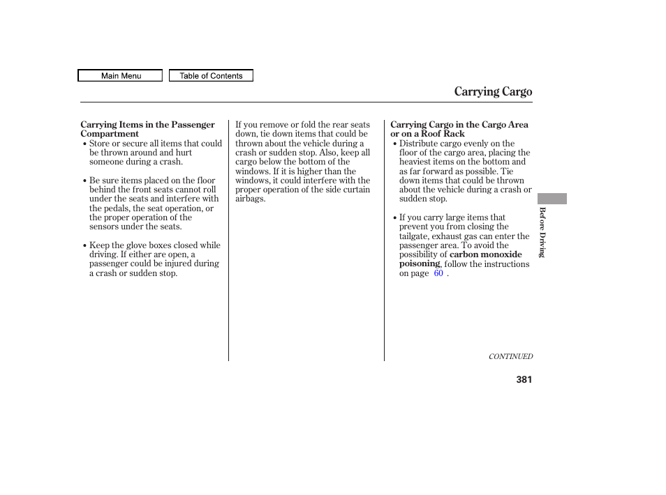 Carrying cargo | HONDA 2010 Odyssey User Manual | Page 384 / 526