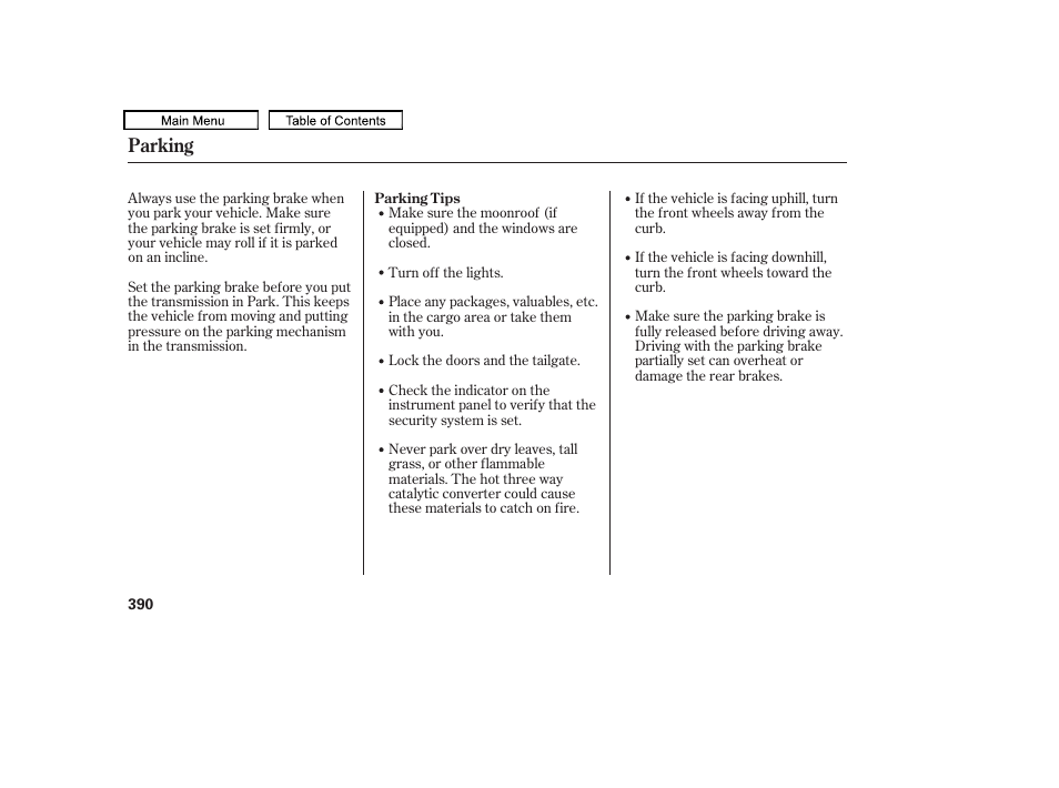 Parking | HONDA 2010 Odyssey User Manual | Page 393 / 526
