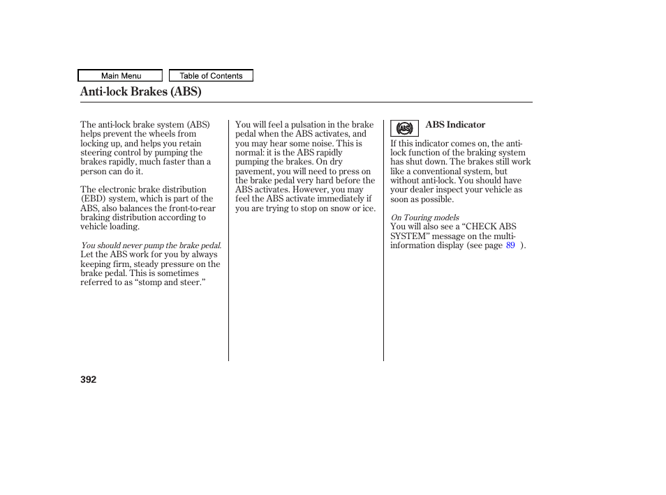 Anti-lock brakes (abs) | HONDA 2010 Odyssey User Manual | Page 395 / 526