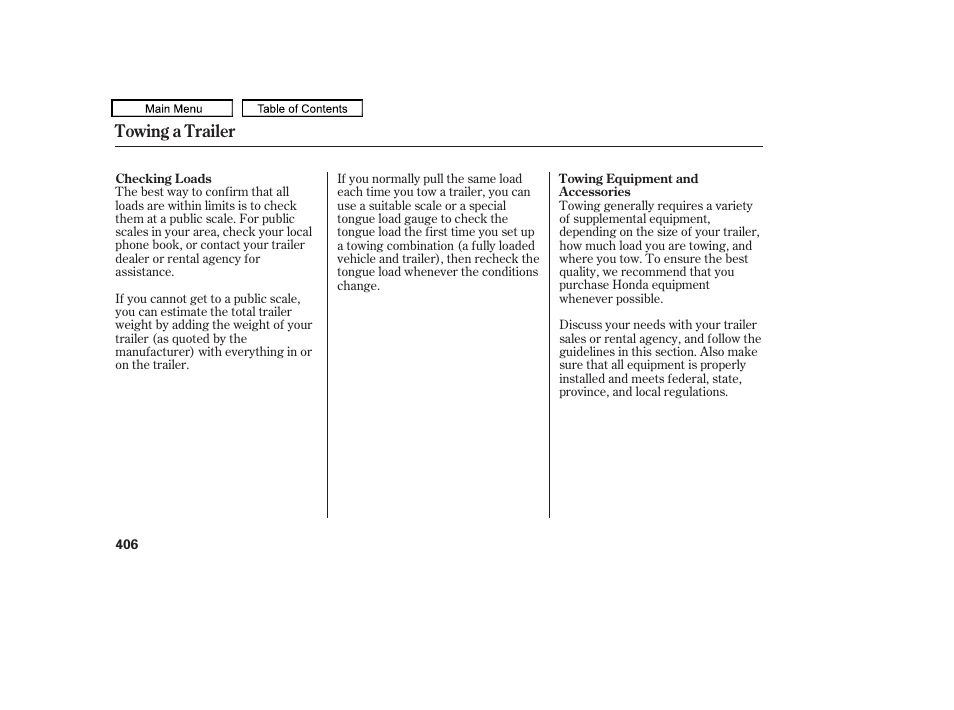 Towing a trailer | HONDA 2010 Odyssey User Manual | Page 409 / 526