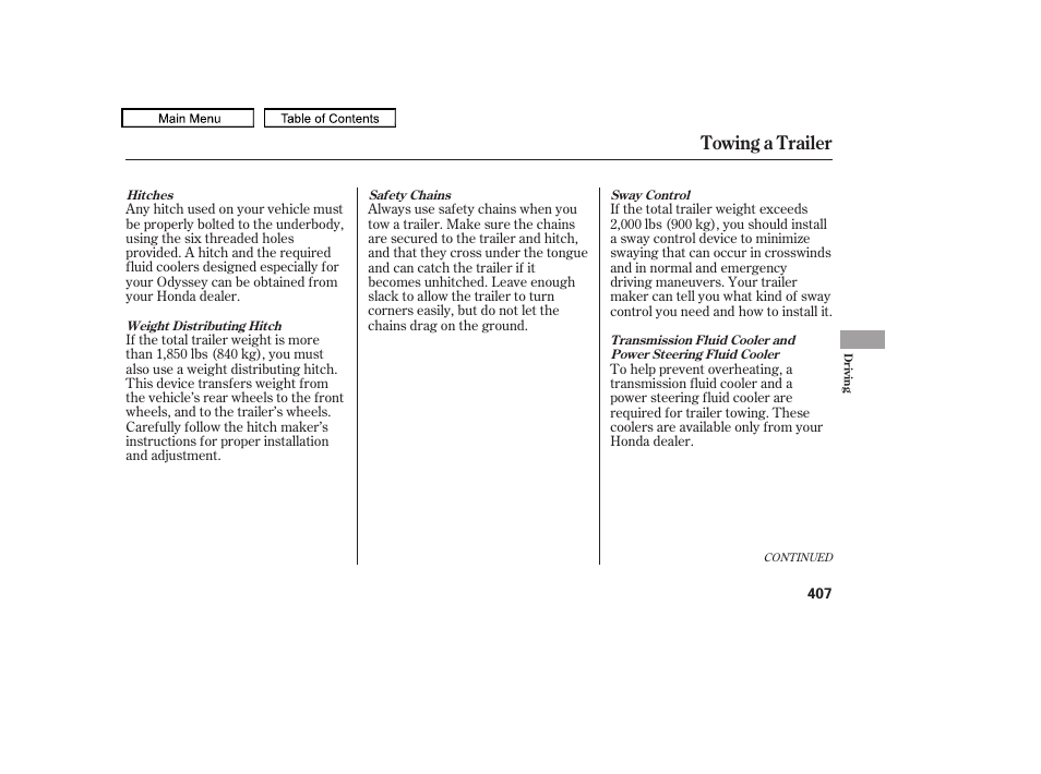 Towing a trailer | HONDA 2010 Odyssey User Manual | Page 410 / 526