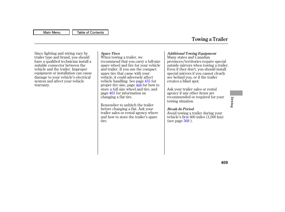 Towing a trailer | HONDA 2010 Odyssey User Manual | Page 412 / 526