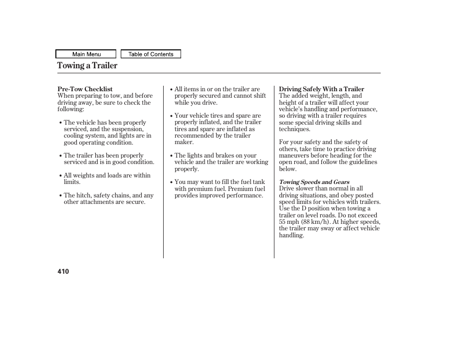 Towing a trailer | HONDA 2010 Odyssey User Manual | Page 413 / 526