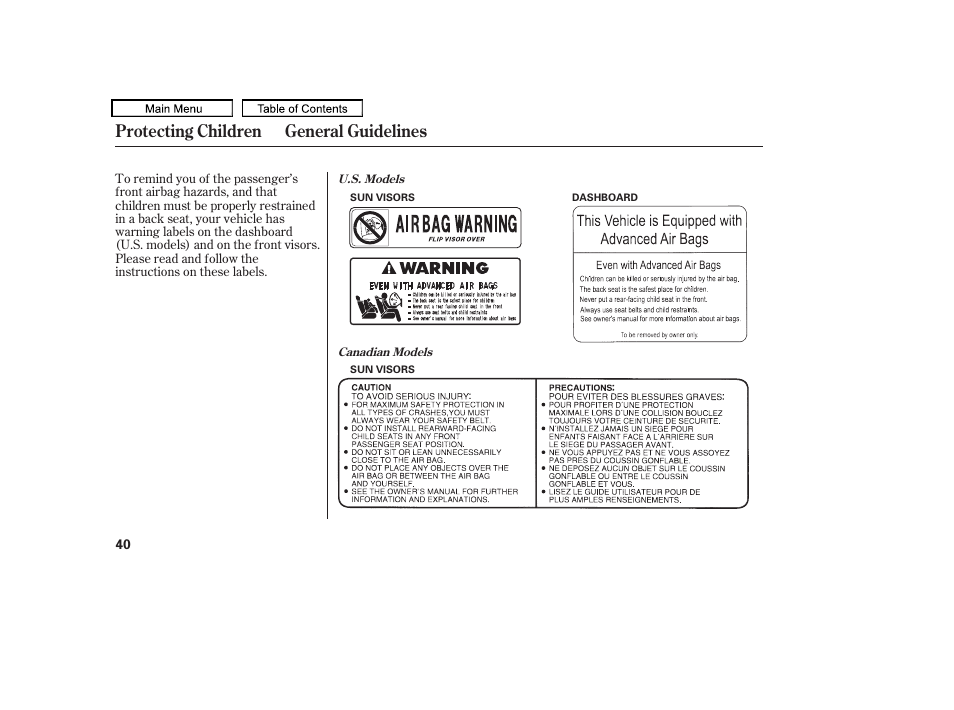 Protecting children general guidelines | HONDA 2010 Odyssey User Manual | Page 43 / 526