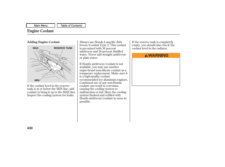 Engine coolant | HONDA 2010 Odyssey User Manual | Page 433 / 526