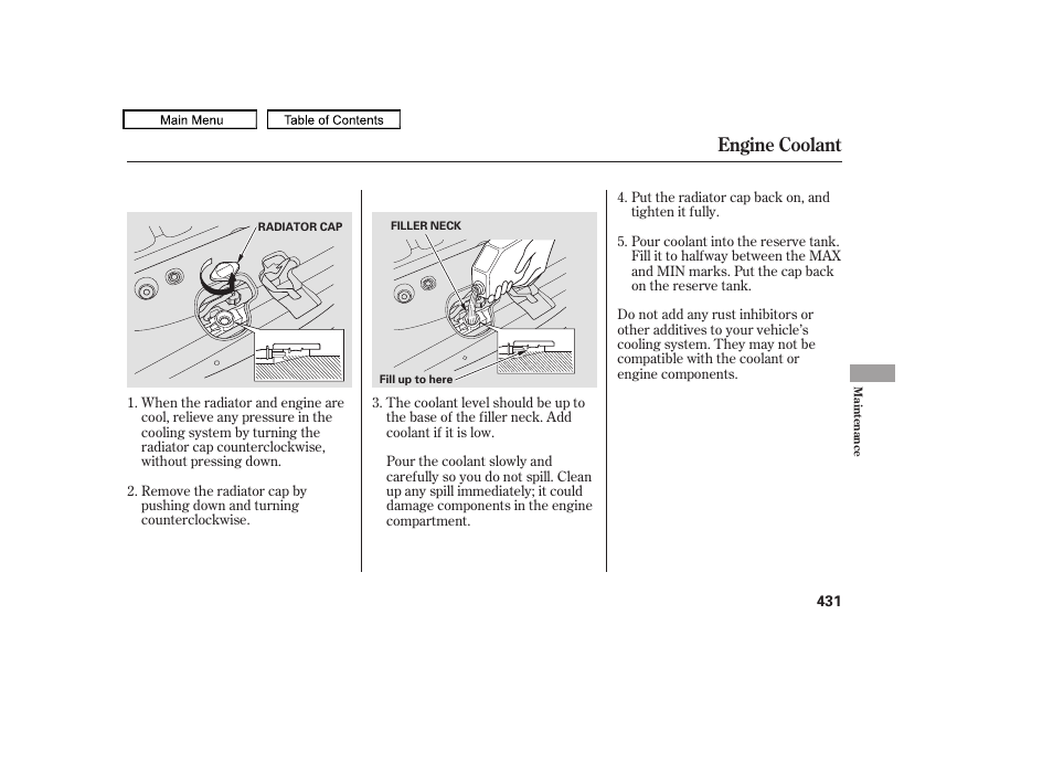 Radiator cap, Engine coolant | HONDA 2010 Odyssey User Manual | Page 434 / 526