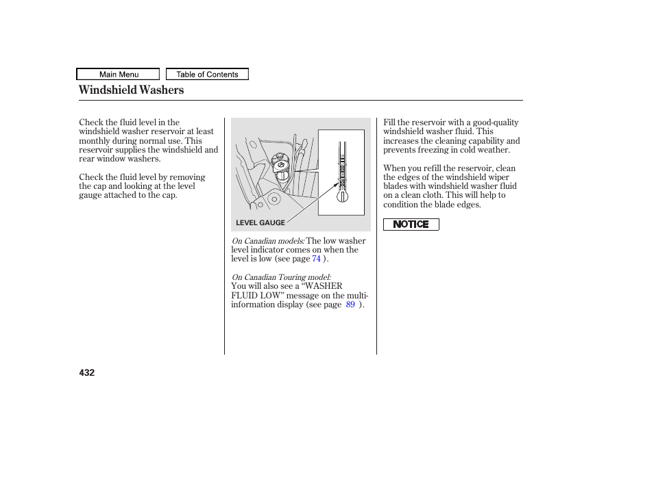 Washer fluid, Windshield washers | HONDA 2010 Odyssey User Manual | Page 435 / 526
