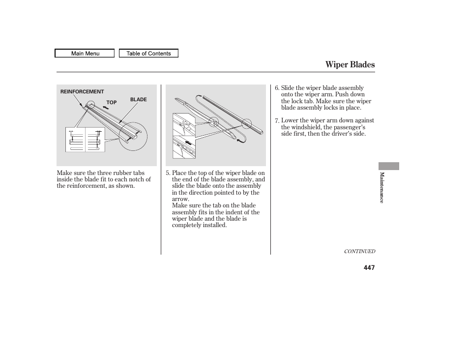 Wiper blades | HONDA 2010 Odyssey User Manual | Page 450 / 526