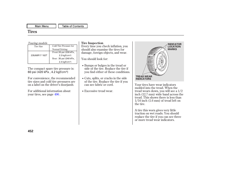 Tires, 2010 odyssey | HONDA 2010 Odyssey User Manual | Page 455 / 526