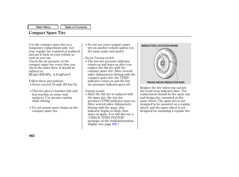 Compact spare tire | HONDA 2010 Odyssey User Manual | Page 465 / 526