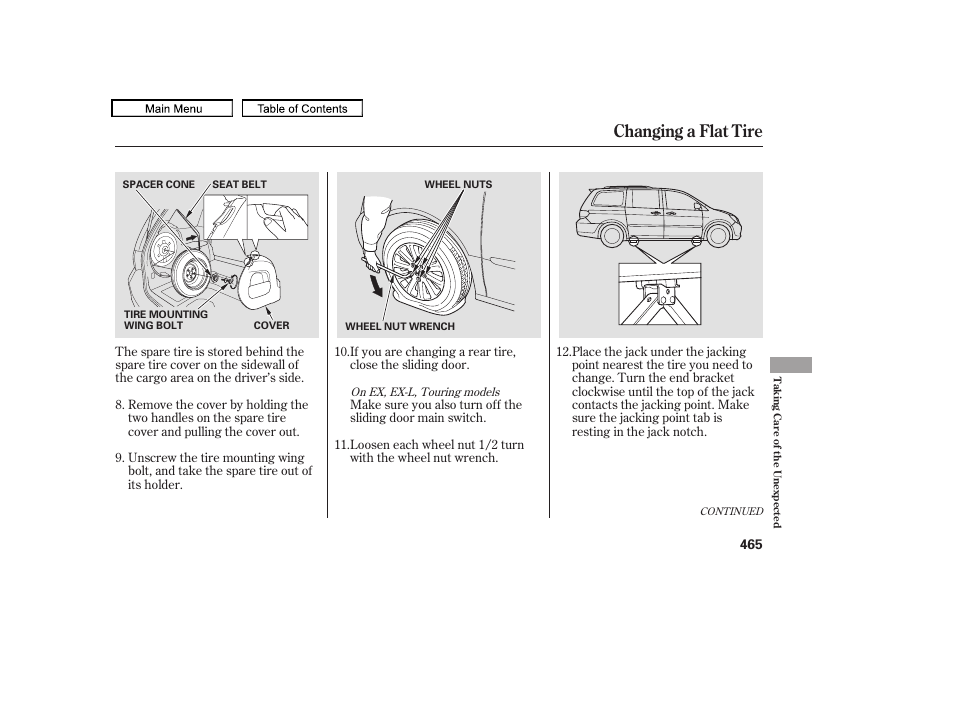 Changing a flat tire, 2010 odyssey | HONDA 2010 Odyssey User Manual | Page 468 / 526