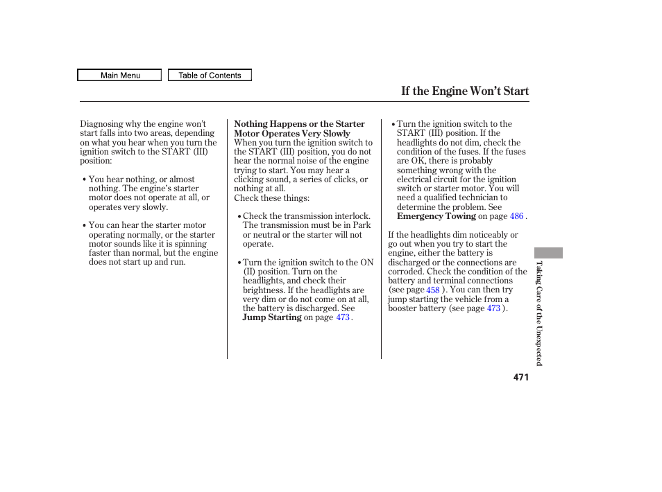 If the engine won’t start | HONDA 2010 Odyssey User Manual | Page 474 / 526