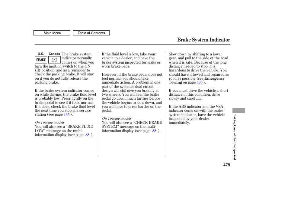 Brake system indicator, 2010 odyssey | HONDA 2010 Odyssey User Manual | Page 482 / 526