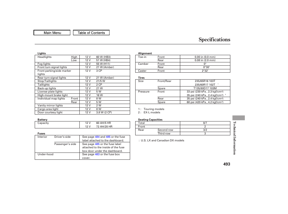 Specifications, 2010 odyssey | HONDA 2010 Odyssey User Manual | Page 496 / 526