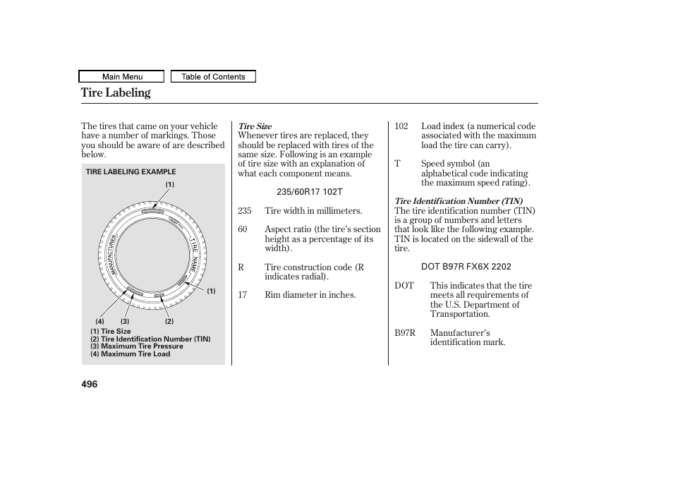 Tire labeling | HONDA 2010 Odyssey User Manual | Page 499 / 526
