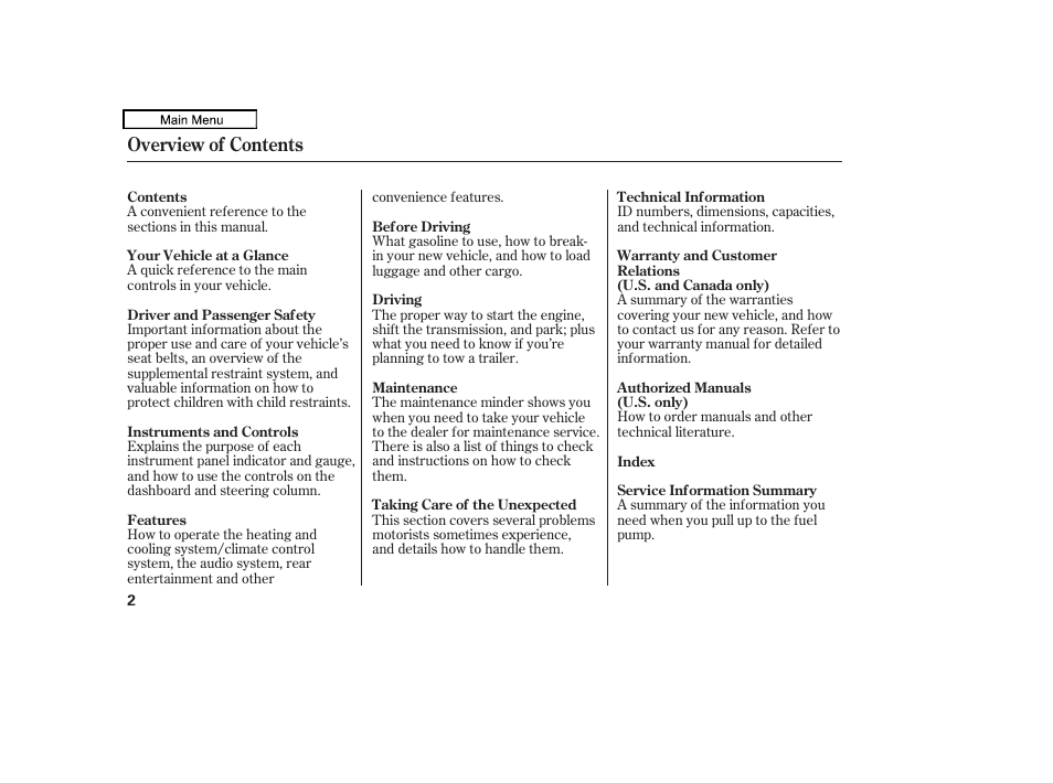 Overview of contents | HONDA 2010 Odyssey User Manual | Page 5 / 526