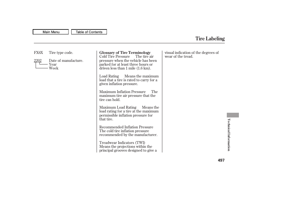 Tire labeling | HONDA 2010 Odyssey User Manual | Page 500 / 526