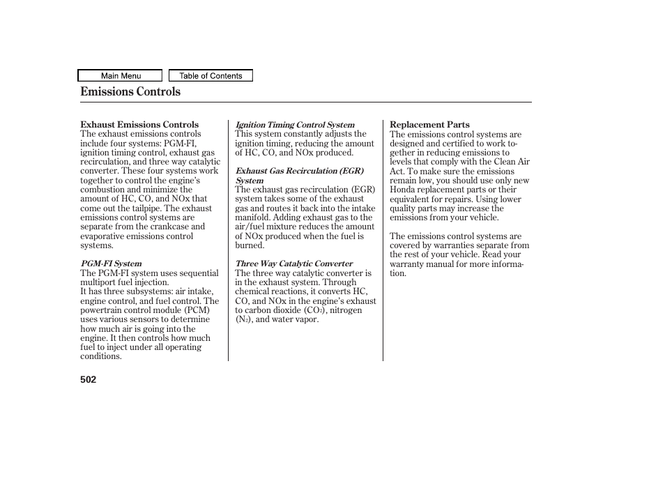 Emissions controls | HONDA 2010 Odyssey User Manual | Page 505 / 526