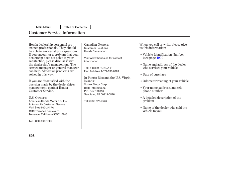 Customer service information | HONDA 2010 Odyssey User Manual | Page 511 / 526