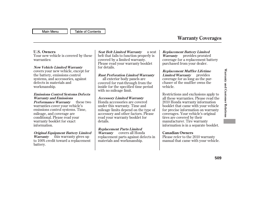 Warranty coverages, 2010 odyssey | HONDA 2010 Odyssey User Manual | Page 512 / 526