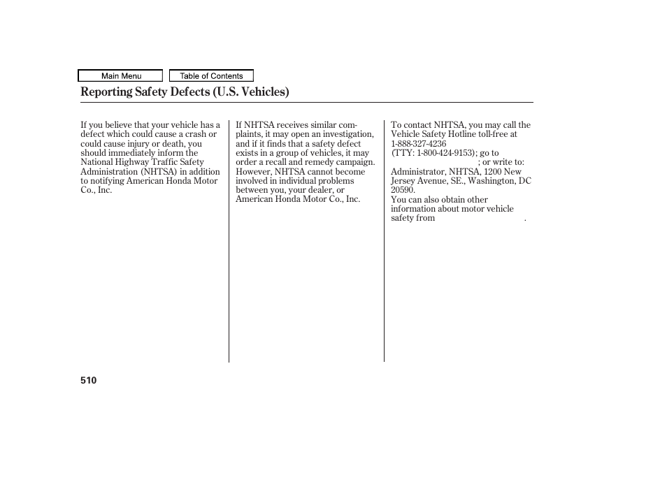 Reporting safety defects (u.s. vehicles) | HONDA 2010 Odyssey User Manual | Page 513 / 526