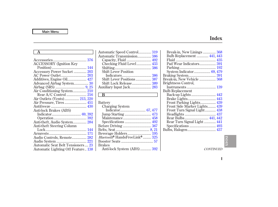 Index | HONDA 2010 Odyssey User Manual | Page 515 / 526