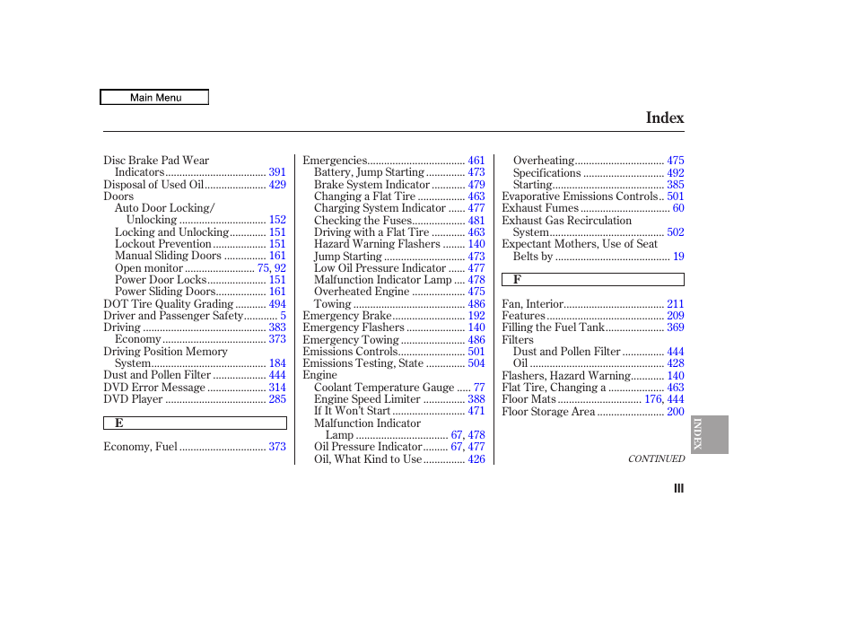 Index | HONDA 2010 Odyssey User Manual | Page 517 / 526