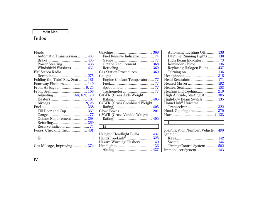 Index | HONDA 2010 Odyssey User Manual | Page 518 / 526