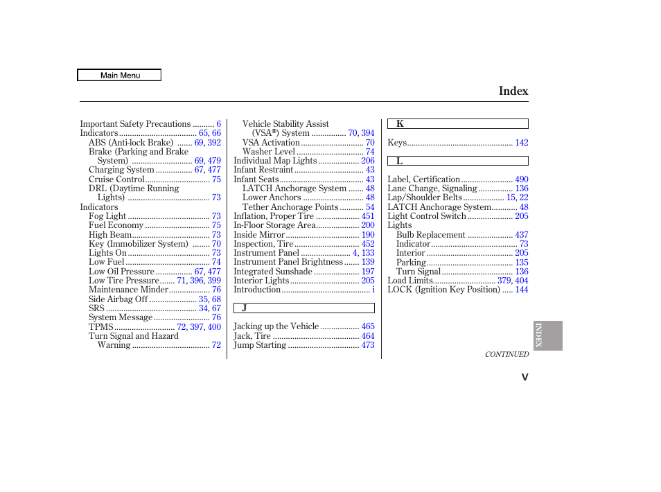 Index | HONDA 2010 Odyssey User Manual | Page 519 / 526