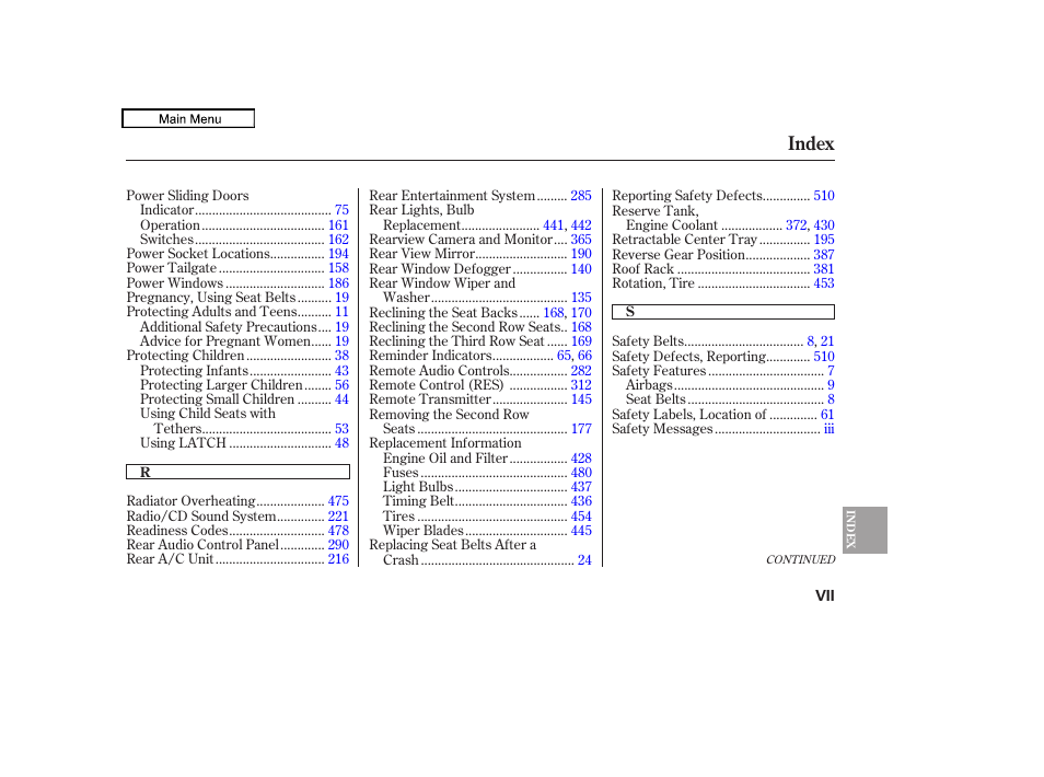 Index | HONDA 2010 Odyssey User Manual | Page 521 / 526