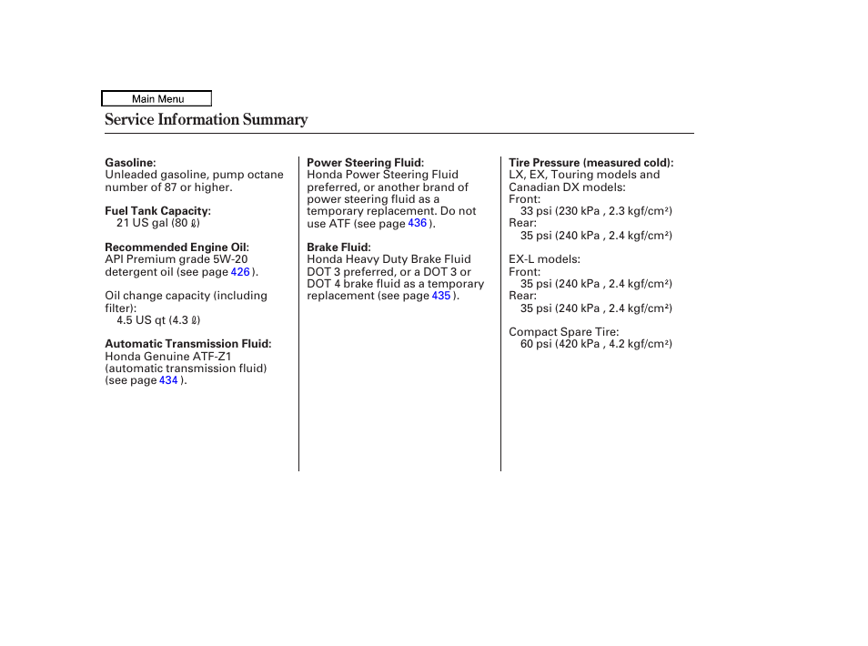 Service inf ormation summary, Service information summary | HONDA 2010 Odyssey User Manual | Page 525 / 526