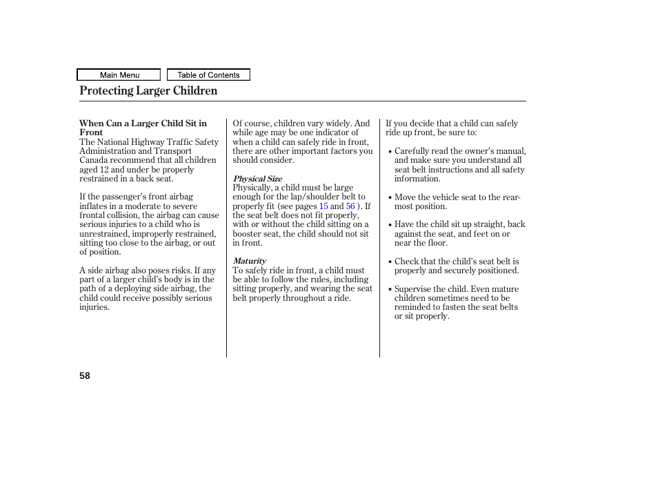 Protecting larger children | HONDA 2010 Odyssey User Manual | Page 61 / 526
