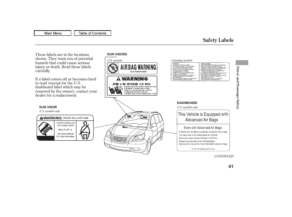 Safety labels, 2010 odyssey | HONDA 2010 Odyssey User Manual | Page 64 / 526